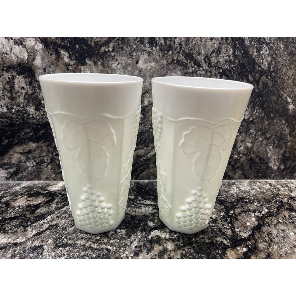 2 - Harvest Milk Glass Tumblers by Colony Farmhouse Cottagecore Grapes Leaves